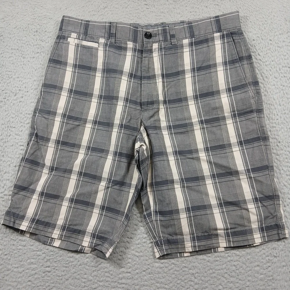 Banana Republic Plaid Shorts Mens 33 Gray White Flat‎ Front Casual